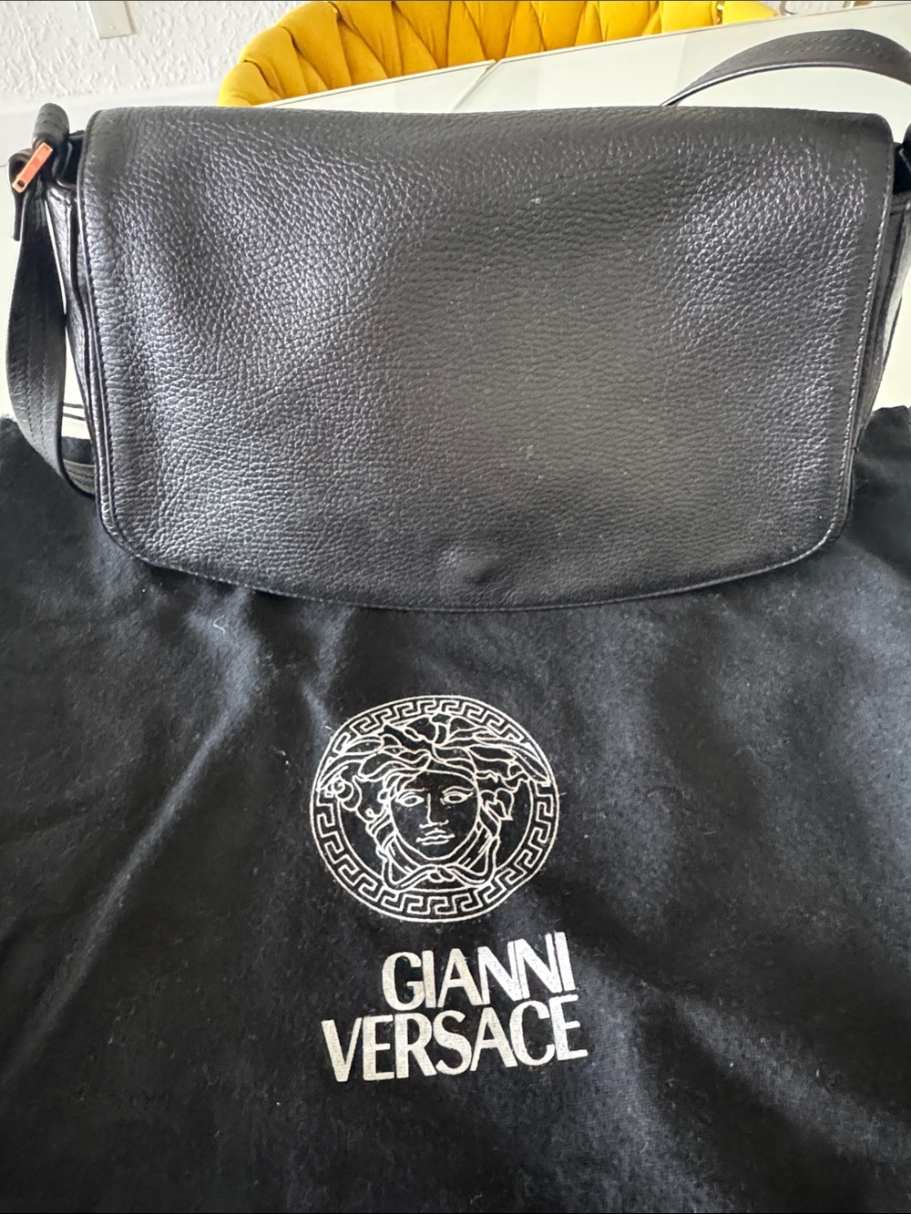 Versace Black Pebbled Leather Shoulder Bag with Good Medusa Logo
